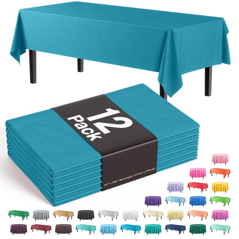 Party Solids Pack Of 12 Premium Plastic Tablecloth 54 Inch x 108 Inch Rectangle Table Cover - Turquoise - Image 1
